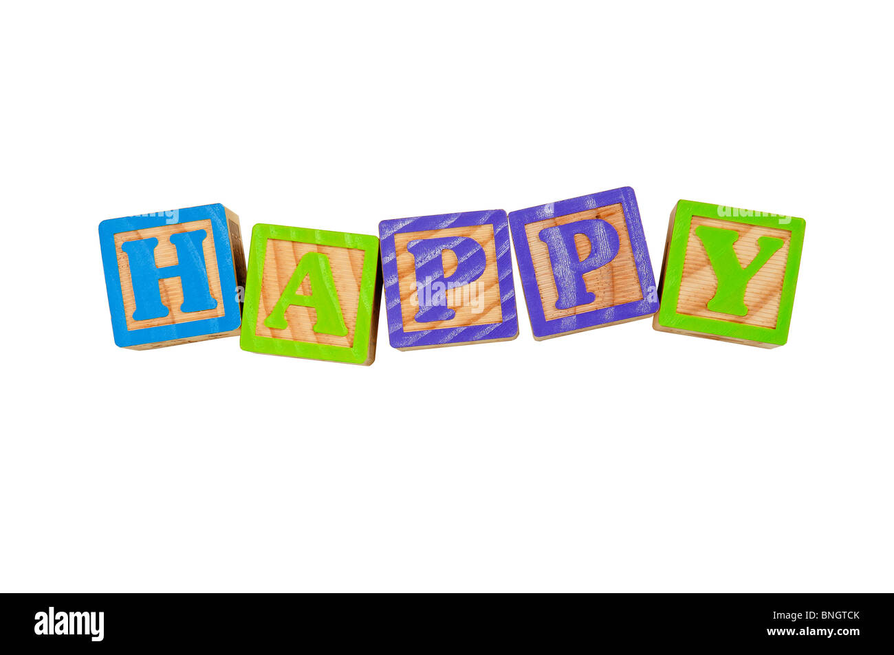 Kinder Alphabet Blocks Schreibweise des Wortes Happy Stockfoto