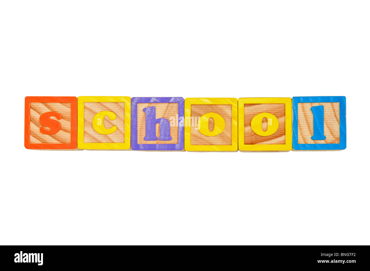 Kinder Alphabet Blocks Schreibweise des Wortes Schule in Kleinbuchstaben Stockfoto