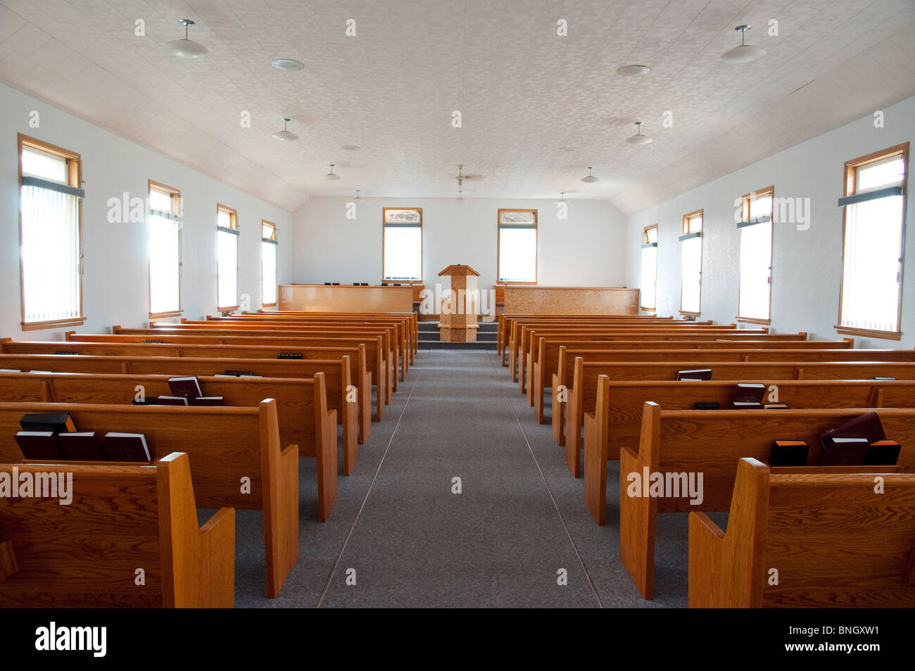 Die alte Kolonie Mennonite Kirche Interieur in Reinfeld, Manitoba, Kanada. Stockfoto