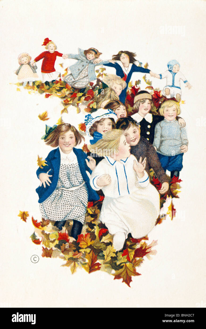 Kinder laufen - Herbst, Nostalgie-Karten, 1911 Stockfoto