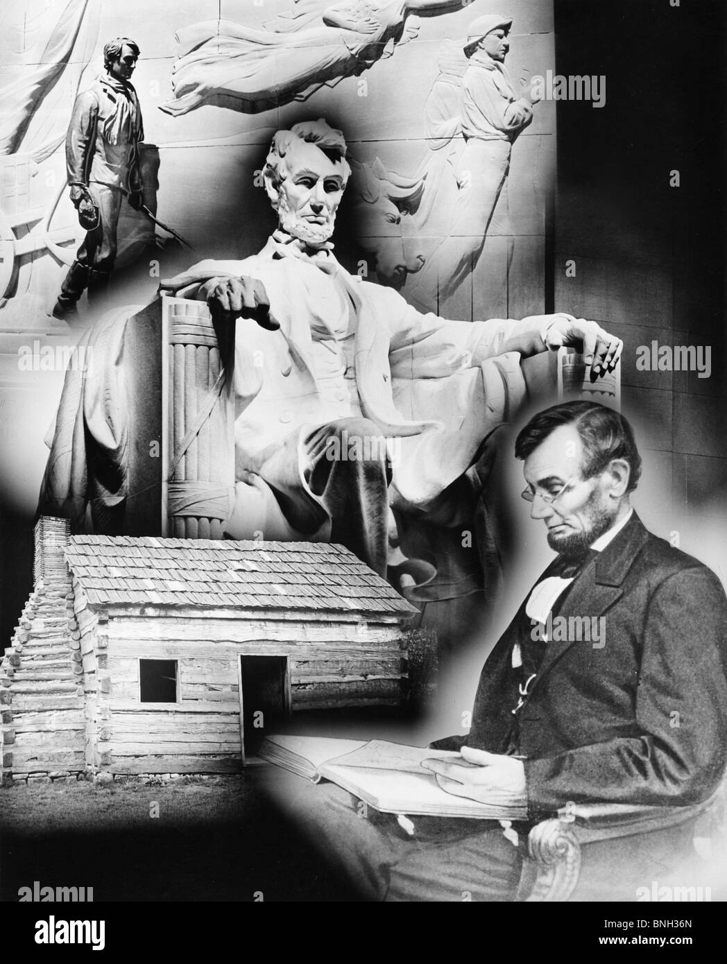 Statue von Abraham Lincoln überlagert die Kabine, wo er geboren wurde, USA Stockfoto