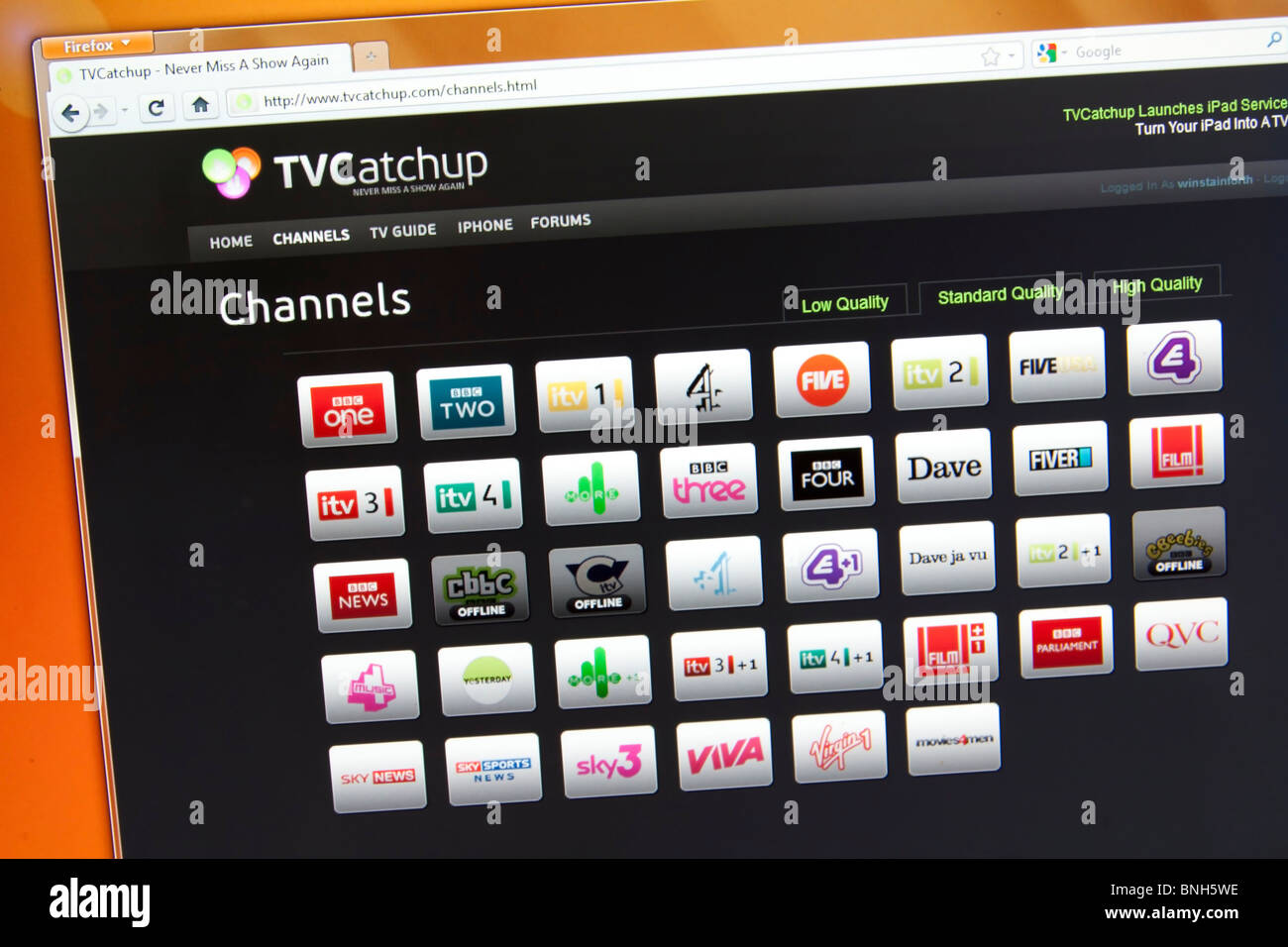 Kanal-Line-up-TVCatchup Internet-TV-Dienst Stockfoto