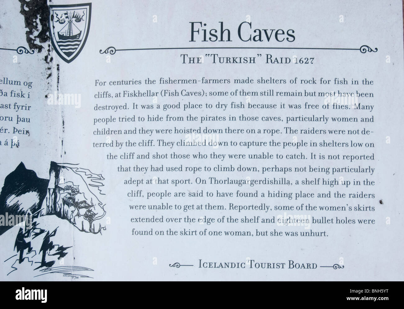 Plaque, die Information der Touristen von den türkischen Piratenangriffe 1627, Vestmannaeyjar, Island Stockfoto