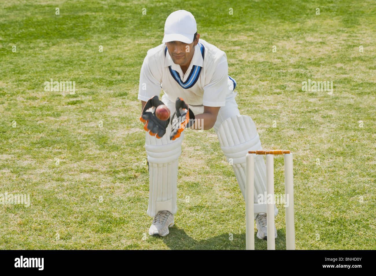 Cricket Wicketkeeper fangen einen Ball hinter Stümpfe Stockfoto