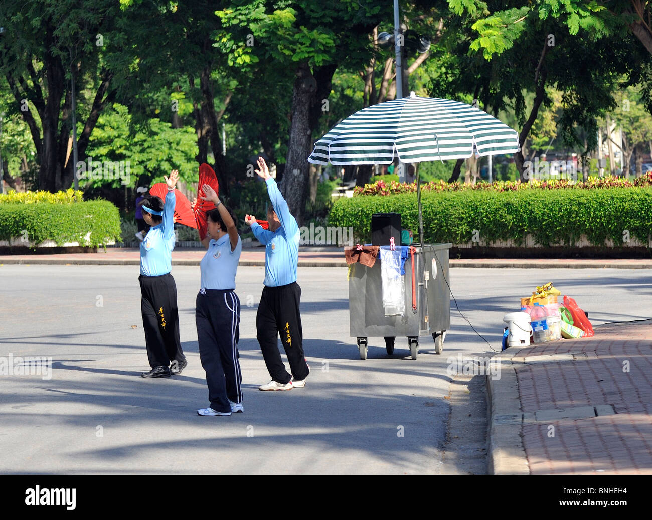 Tai Chi Gruppe mit Fans im Lumpini Park Stockfoto