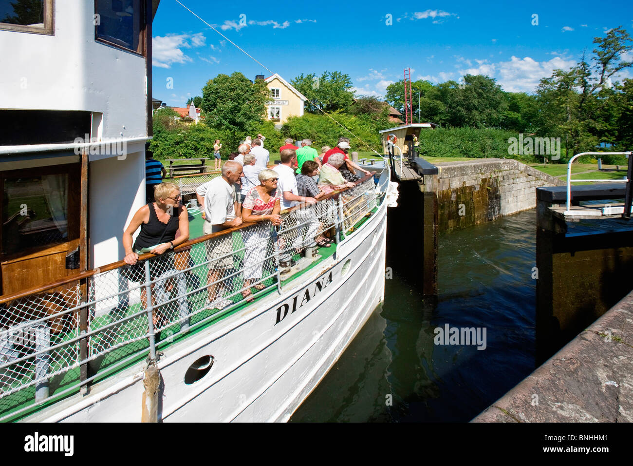 Schweden Borenshult Oestergötland Boot Boote Kanal Kanäle modernen Tag tagsüber Europa äußeren Schleusentor fließen Göta Göta-Kanal Stockfoto