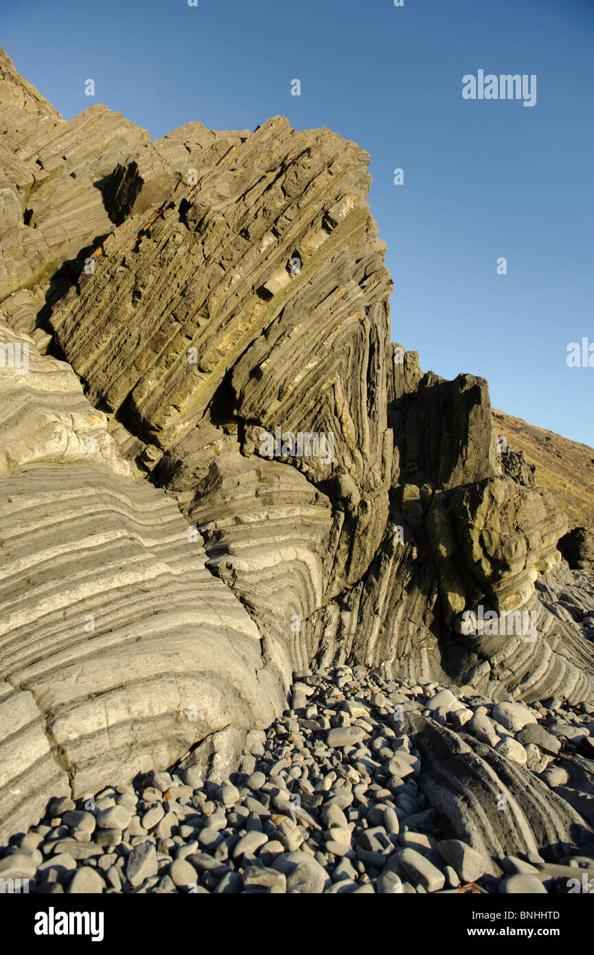 Felsen von Silur Alter (Llandovery) bilden eine gut ausgebaute Turbidit-Abfolge von dunklen schluffiger Schiefer abwechselnd mit heller Sand Stockfoto