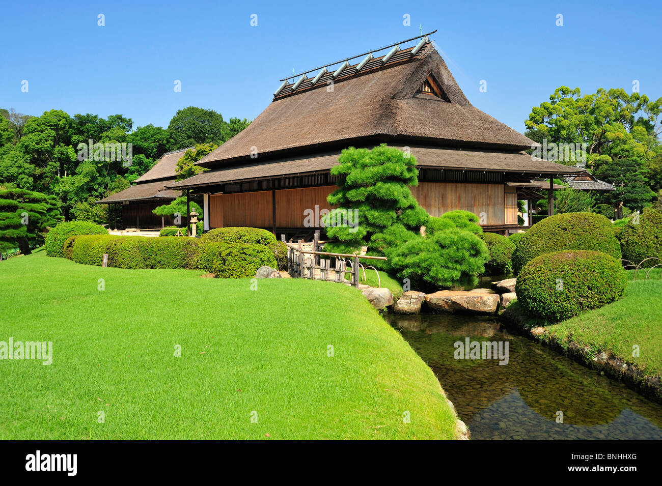 Japan Koraku-En japanischen Gartens Okayama Okayama Präfektur Asien Enyo-Tei Haus außen Garten Honshu Insel japanischen Koraku-En Stockfoto