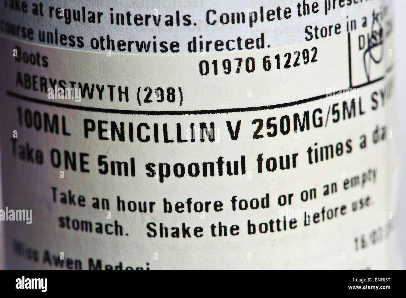 Das Etikett einer Weinflasche von Penicillin Antibiotika Medizin, UK Stockfoto