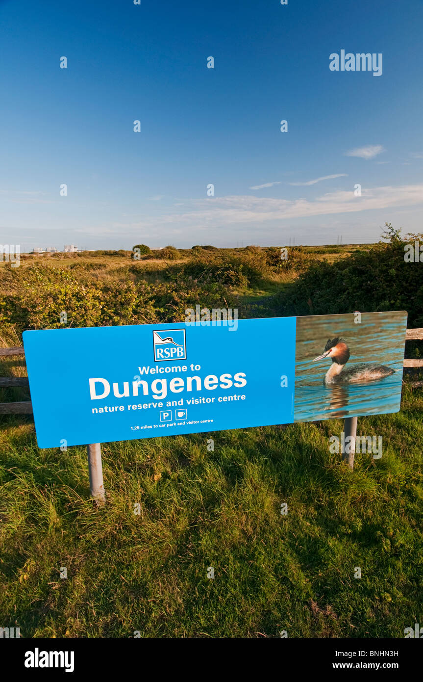 Reserve Eingang Zeichen, Dungeness RSPB Reserve, Kent, England Stockfoto