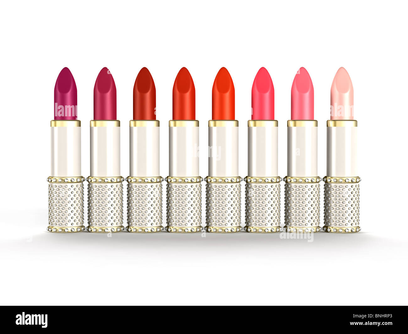 Palette von Luxus Lippenstift Röhren von Farben von violett, rot bis rosa isolierte Objekte auf weißer Hintergrund Stockfoto