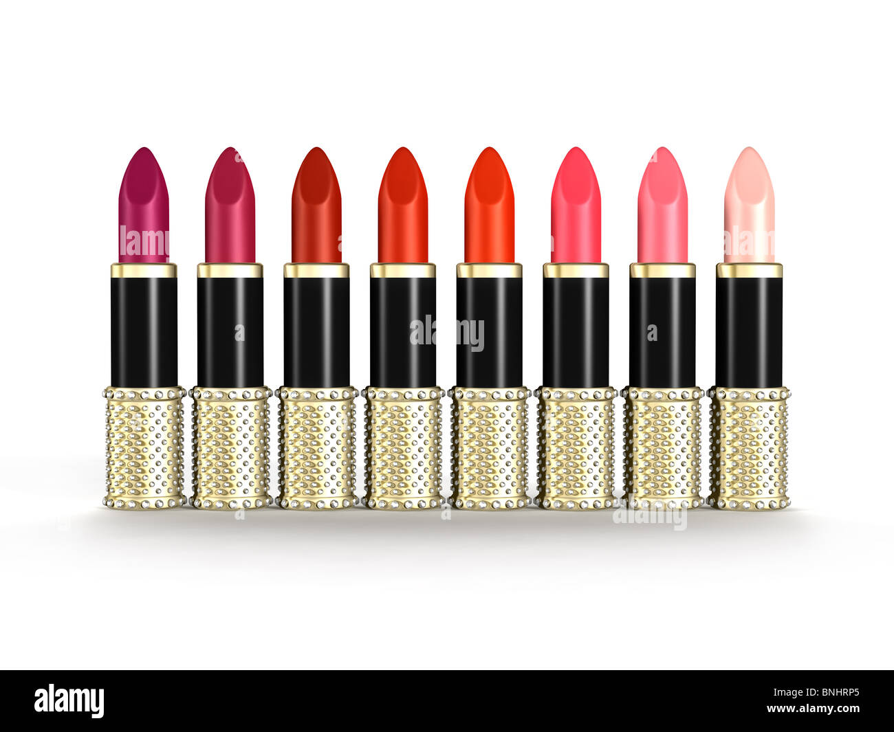 Eine Palette von Luxus Lippenstift Röhren von Farben von violett, rot bis rosa isolierte Objekte auf weißer Hintergrund Stockfoto