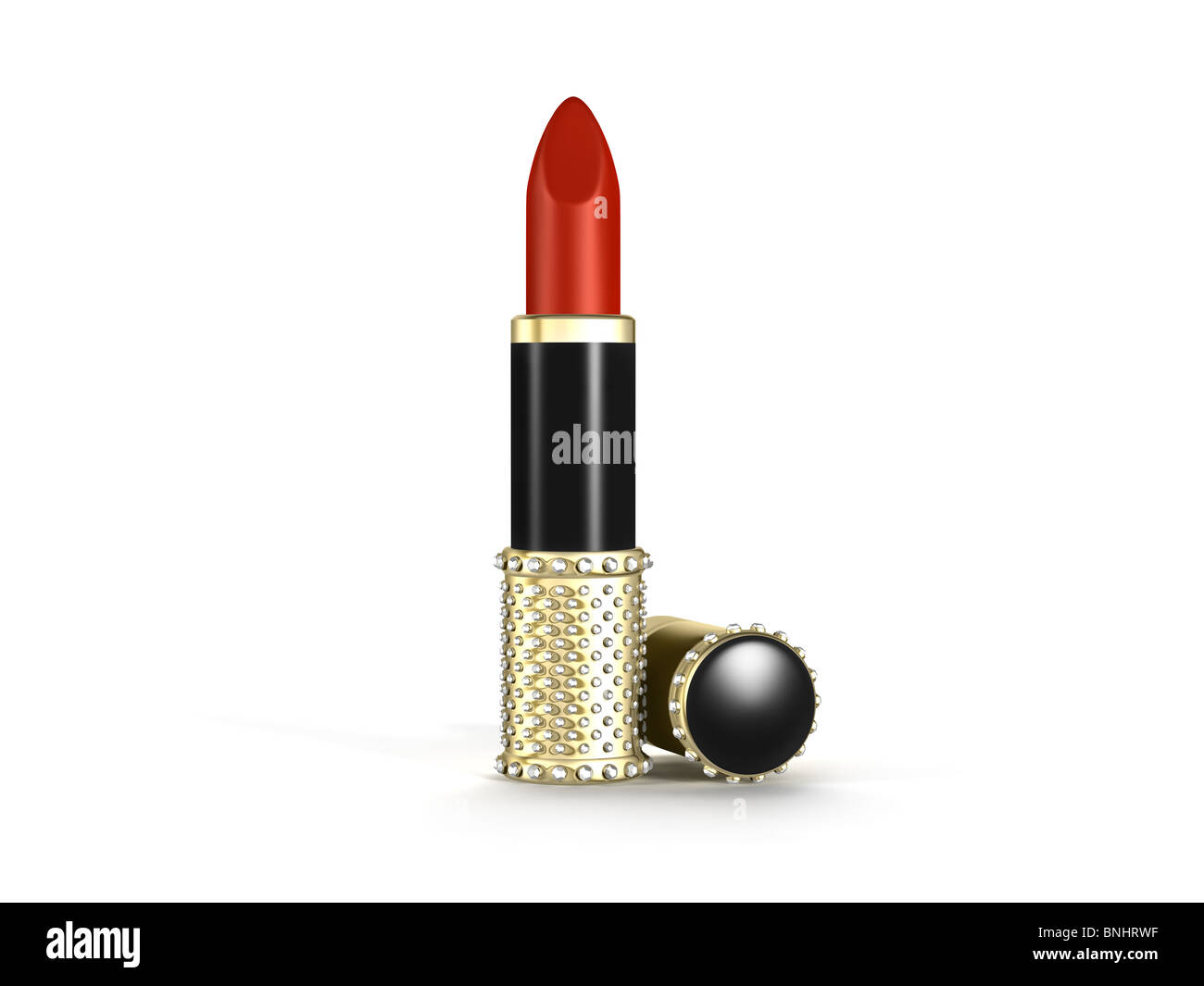 Roter Lippenstift in Gold mit Diamanten Luxus Schlauch isoliert auf weißem Hintergrund Stockfoto