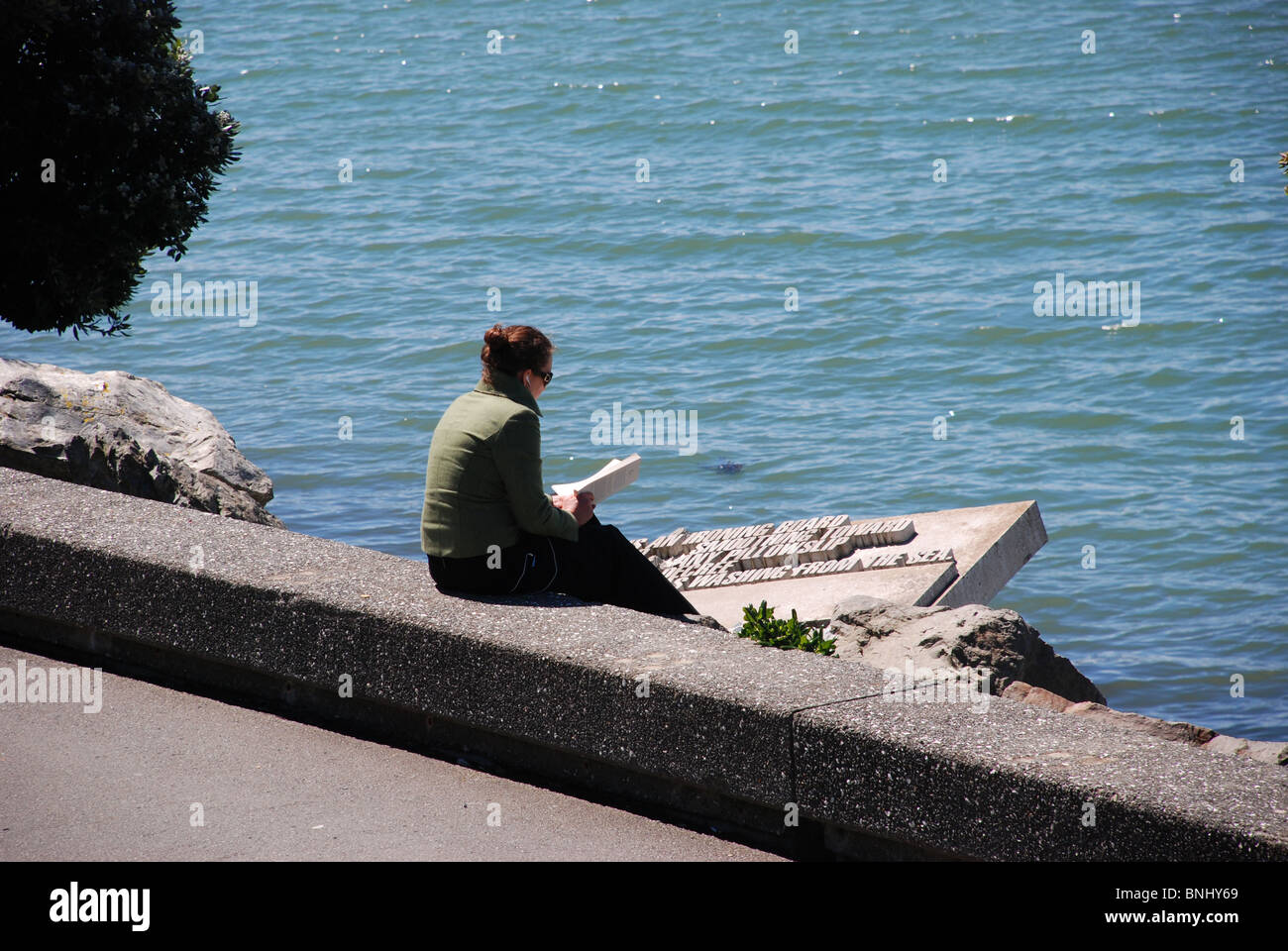 Frau liest von einer literarischen Skulptur an Wellingtons Uferpromenade mit Blick auf das Meer Stockfoto