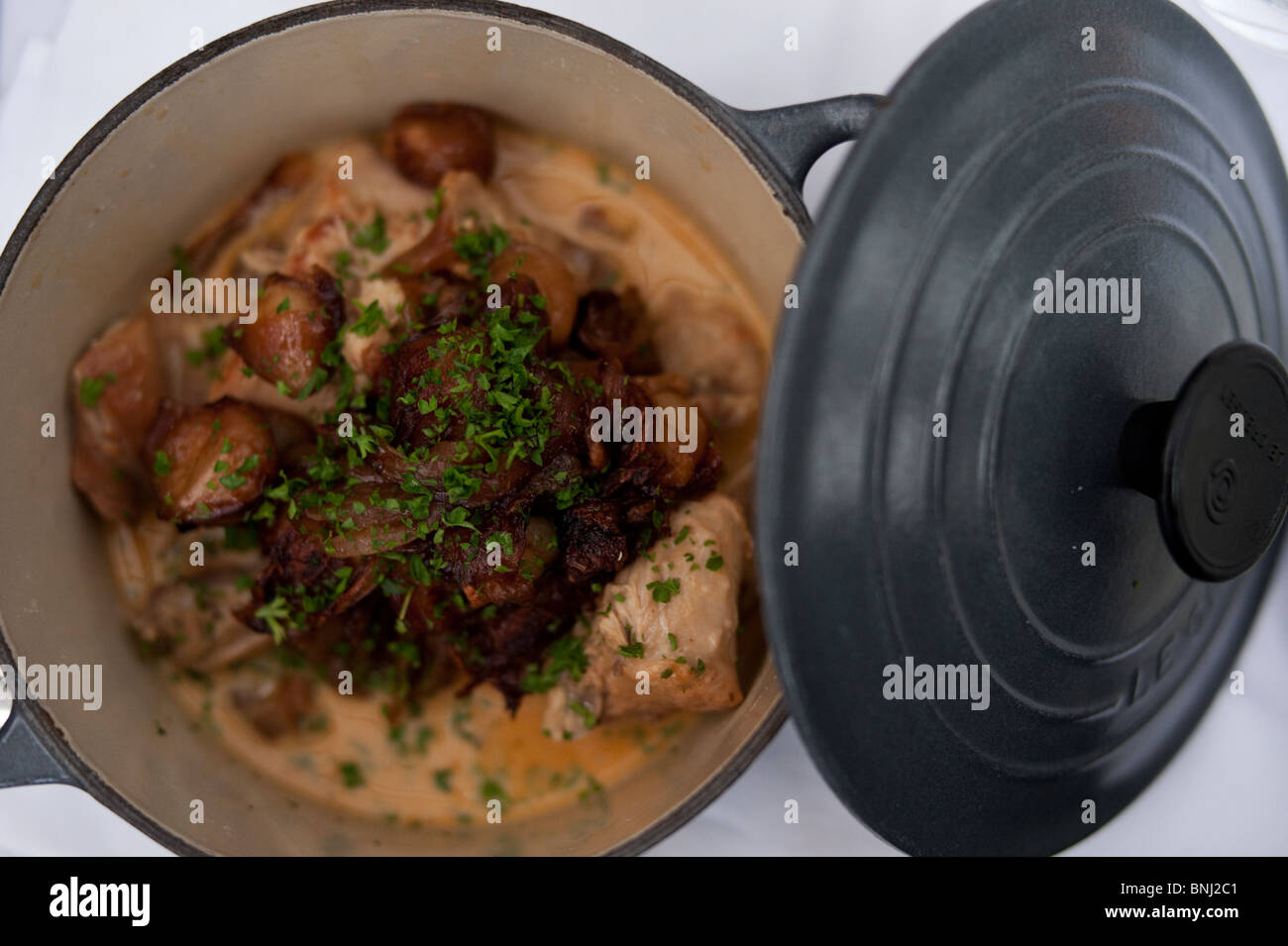 Geschmorte Kaninchen in Sahnesauce serviert in einer einzelnen emaillierten Schmortopf. Stockfoto