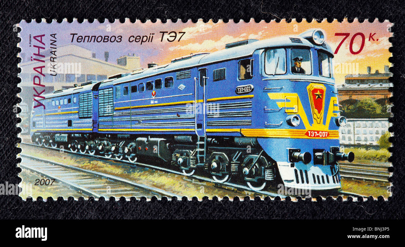 Transport Transport Geschichte Diesel Lokomotive Zug Eisenbahn Eisenbahn Briefmarke Ukraine Serie TE7 2005 Stockfoto