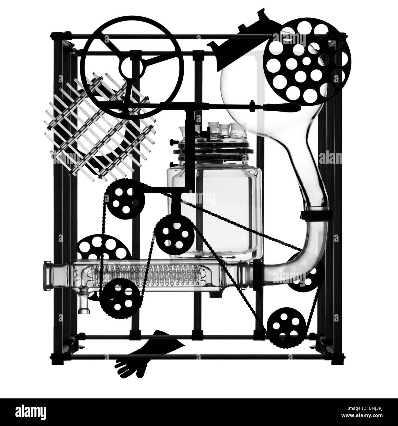 wissenschaftliches Labor Glas Sihlouetted vor weißem Hintergrund komponierte auszusehen wie Maschinenteile Stockfoto