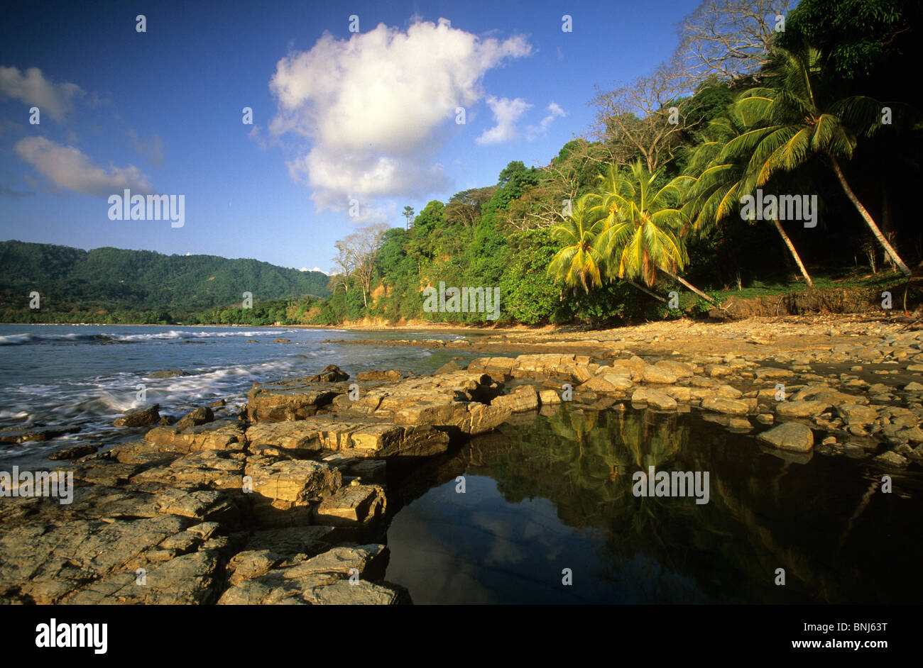 Costa Rica Pazifik Küste Meer Ozean Klippe Küste Bank Vegetation Palmen Bäume Wolken Playa Dominical Mittelamerika Landschaft Stockfoto