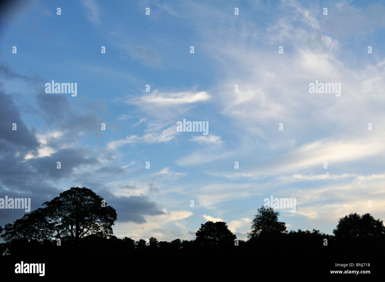 Himmel und Wolken einer frühen englischen Sommer Abenddämmerung. Stockfoto
