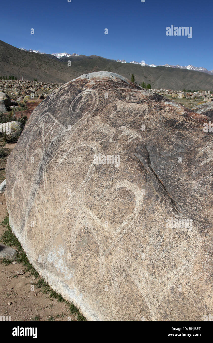 Petroglyphen auf Norden Ufer von See Issyk Kol Stockfoto