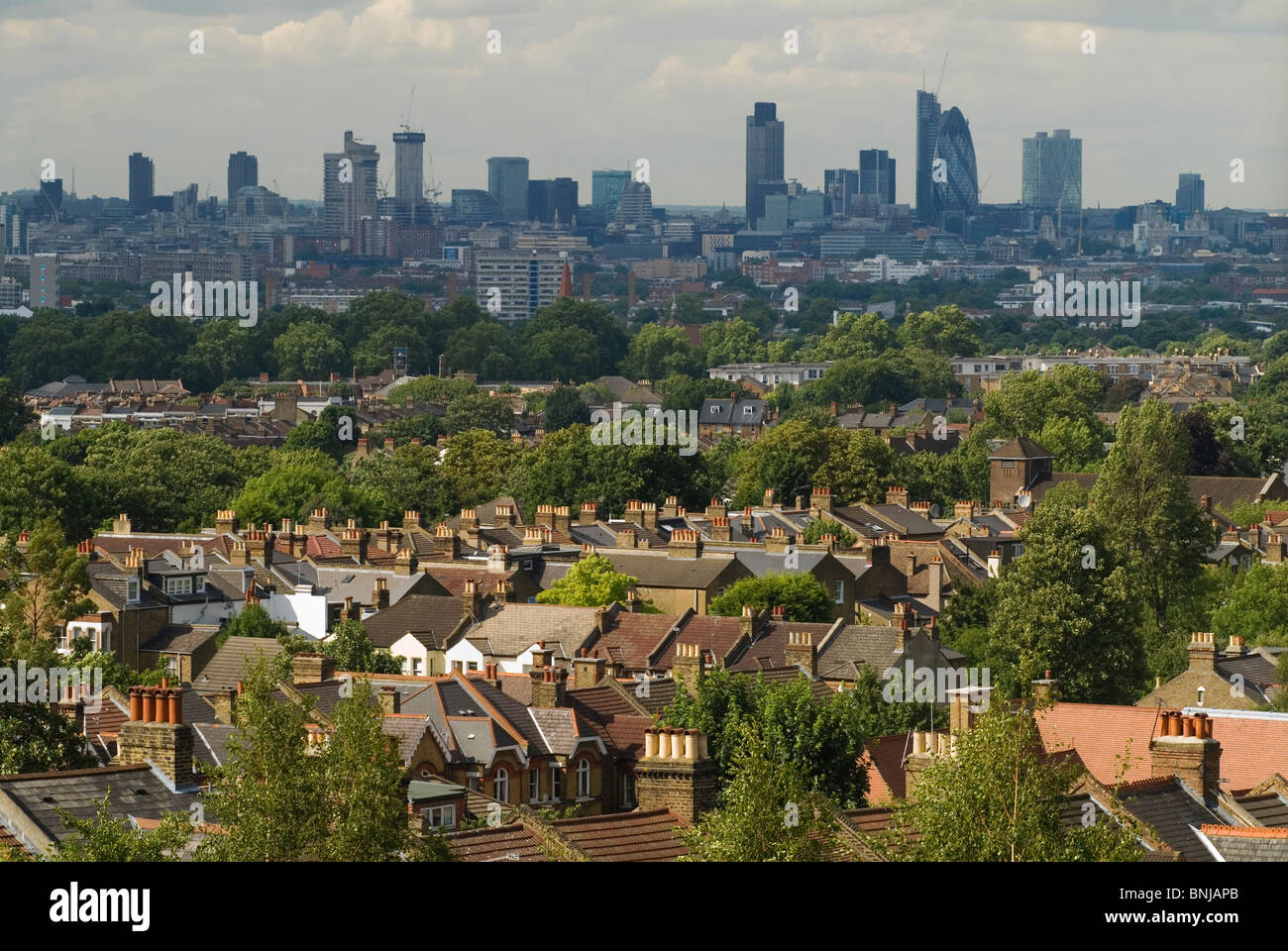 Blick auf die Londoner Wohnhäuser im Südosten Londons in Richtung der City of London, auf die Häuser und Bäume der Familie. In der Ferne das Gherkin-Gebäude und die Turmblöcke. 2010, 2010ER, UK HOMER SYKES Stockfoto