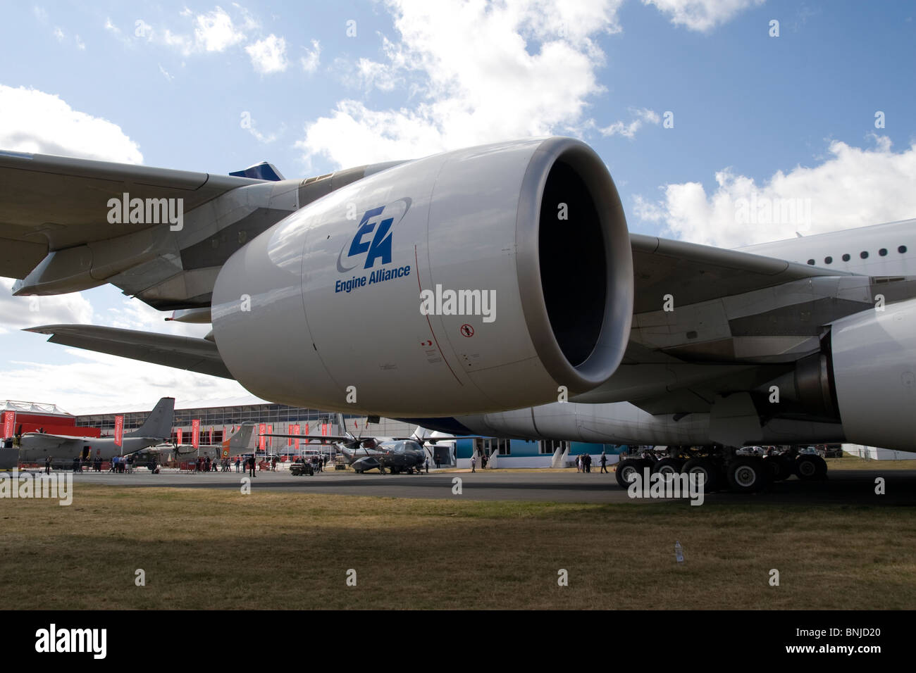 Haube der Engine Alliance GP7200 Turbofan Airbus A380 in Farnborough International Air Show 2010 Großbritannien Motor ausgestattet Stockfoto