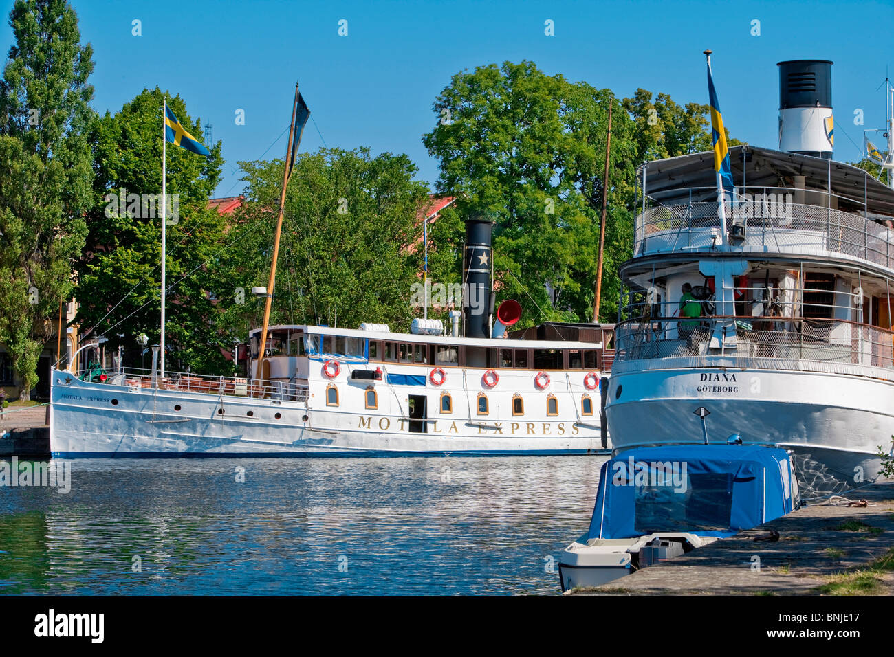 Schweden Ostergotland Motala Boot Boote Canal City Contemporary Tag Europa außen Gota Canal Göta-Kanal Hafen Häfen Hafen Stockfoto