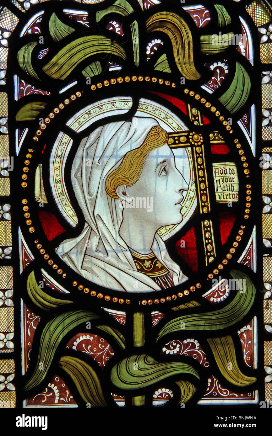 Detail von einem Buntglasfenster Darstellung glauben, Kirche St. Laurence, Lighthorne, Warwickshire, England Stockfoto