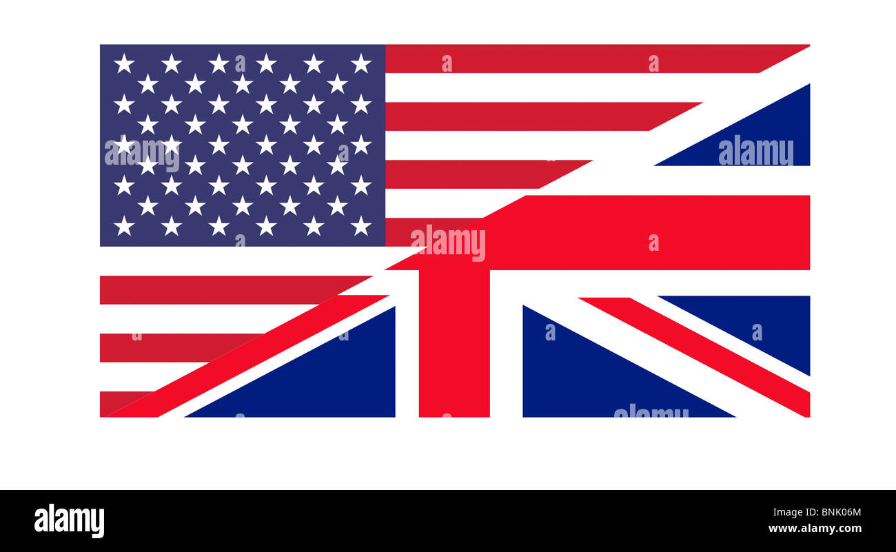 Amerikanische und britische Flaggen schlossen sich zusammen, isolierten auf weißen Hintergrund. Stockfoto