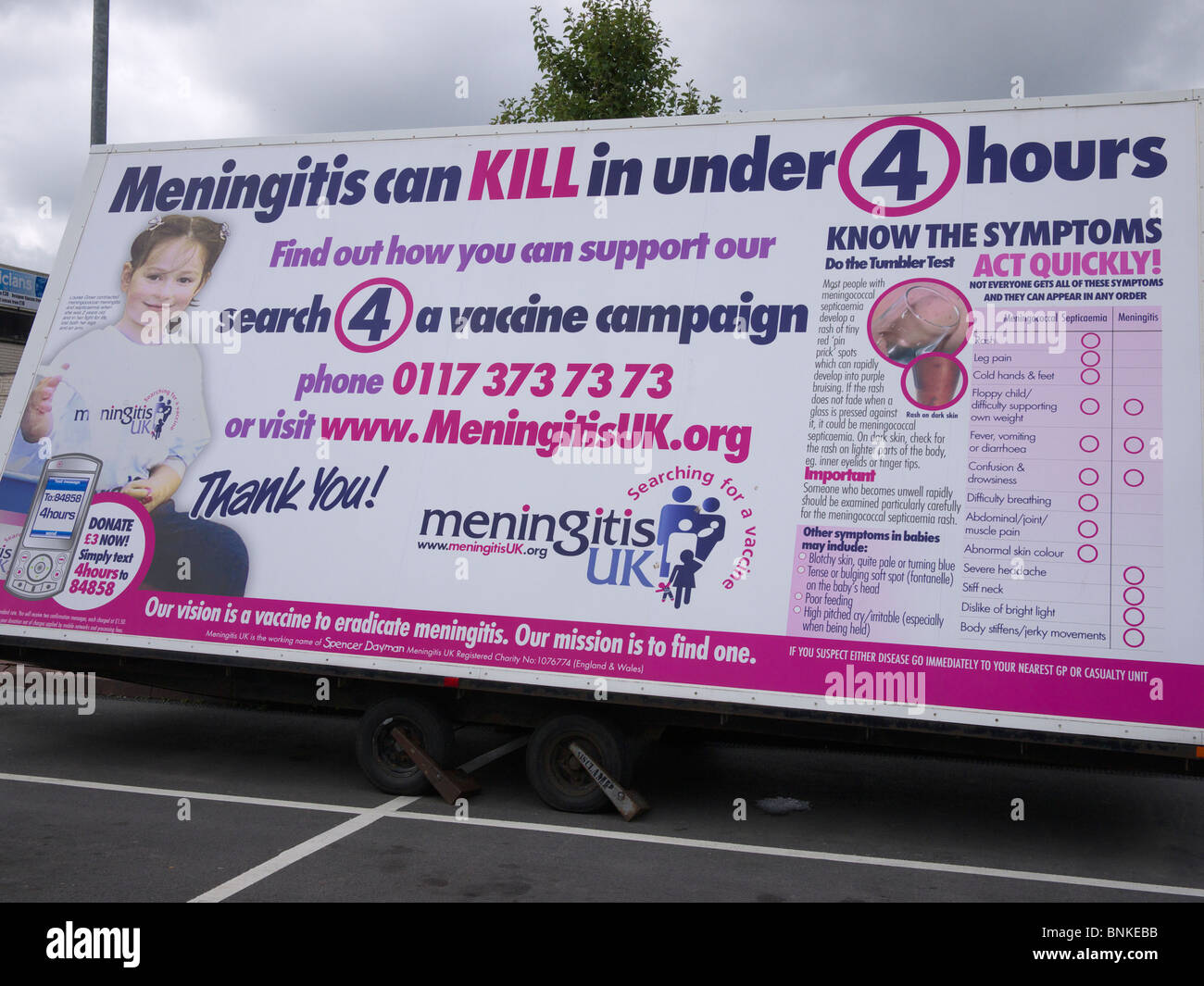 Meningitis Bewusstsein Plakat, England UK. Stockfoto