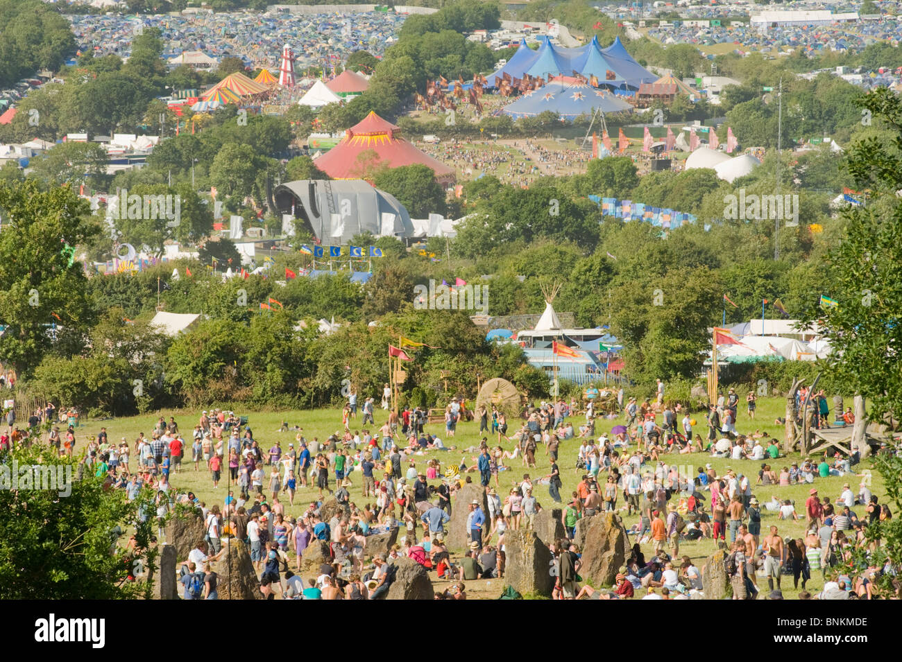 Überblick über das Glastonbury Festival site in Somerset, England. Stockfoto
