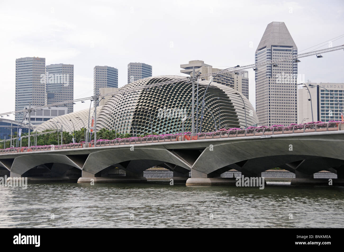 Skyline von Singapur Esplanade Bridge und Durian Stockfoto