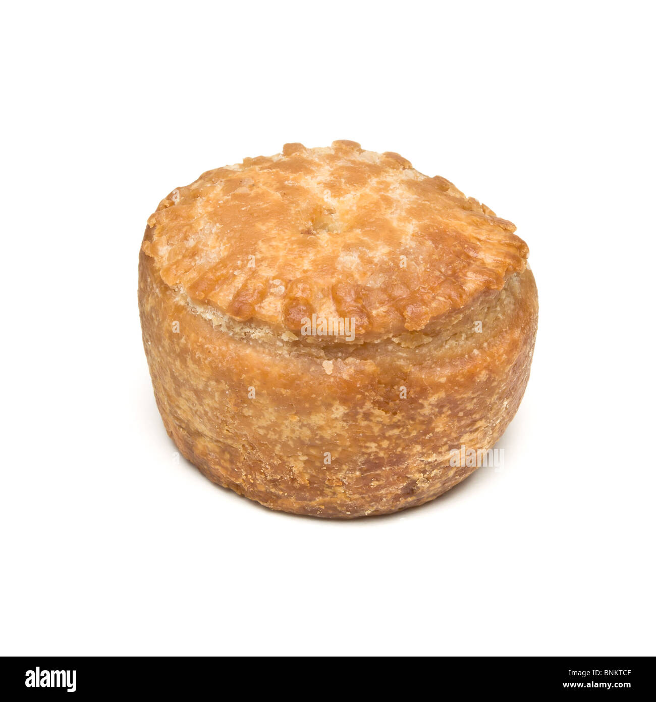 Einzigen traditionellen englischen Pork Pie aus niedrigen Perspektive auf weißen Hintergrund isoliert. Stockfoto