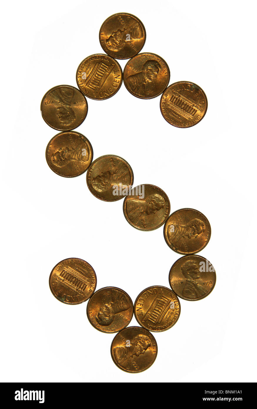 Ausschnitt von einem US-Cent-Münzen Geld in Form von Dollar-Zeichen Stockfoto