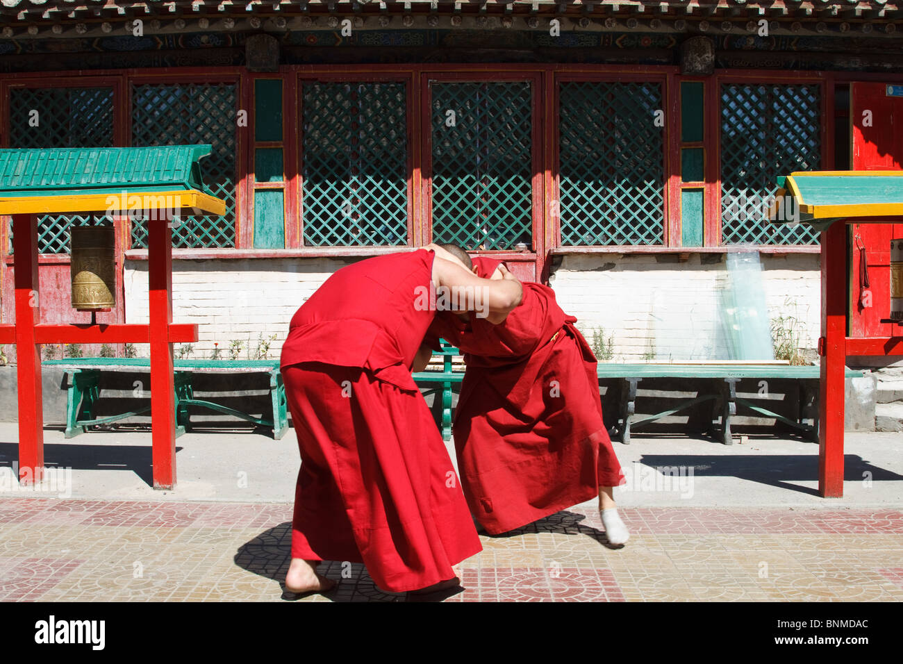 Zwei mongolischen Mönche Praxis Ringen in Vorbereitung auf die kommende Naadam-Fest Stockfoto
