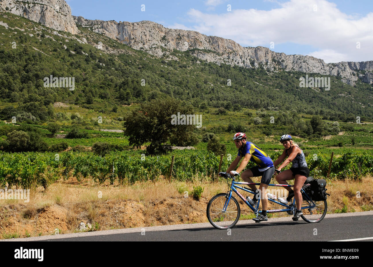 Paar mit dem Tandem-Fahrrad durch die Côtes du Roussillon Wein-Region im Süden Frankreichs Tautavel Stockfoto