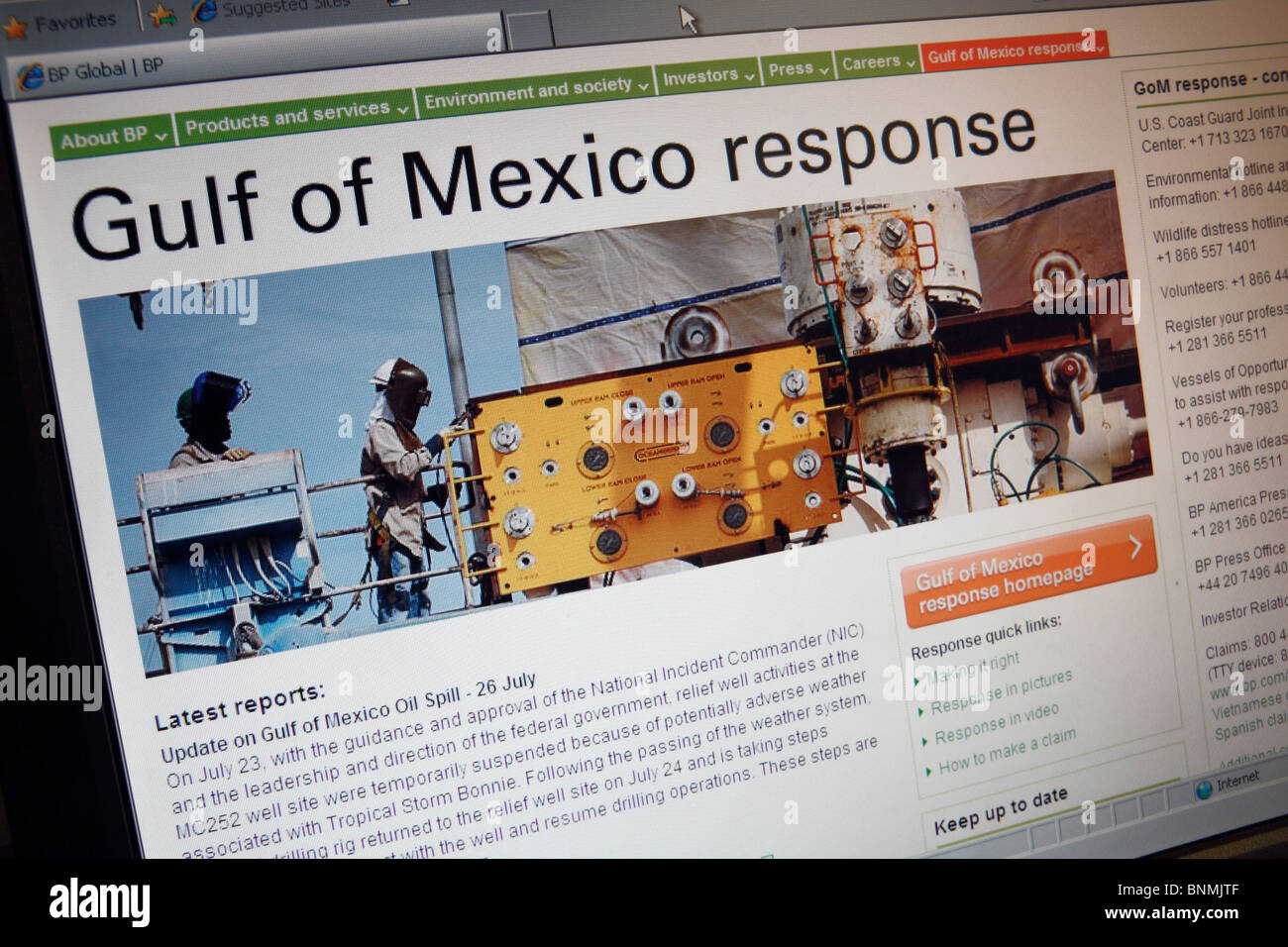 Einen Screenshot einer BP-Webseite für den Golf von Mexiko Antwort nach 2010-Ölpest im Golf von Mexiko. Juli 2010 Stockfoto