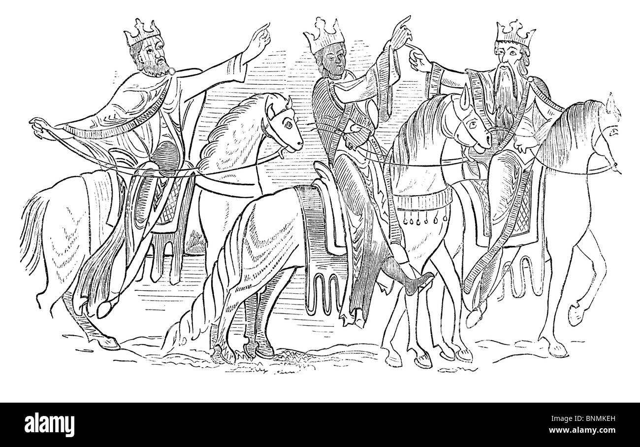 Königlichen Kostüm und den Kabelbaum und Ausrüstung der Pferde aus einer angelsächsischen Handschrift. Stockfoto