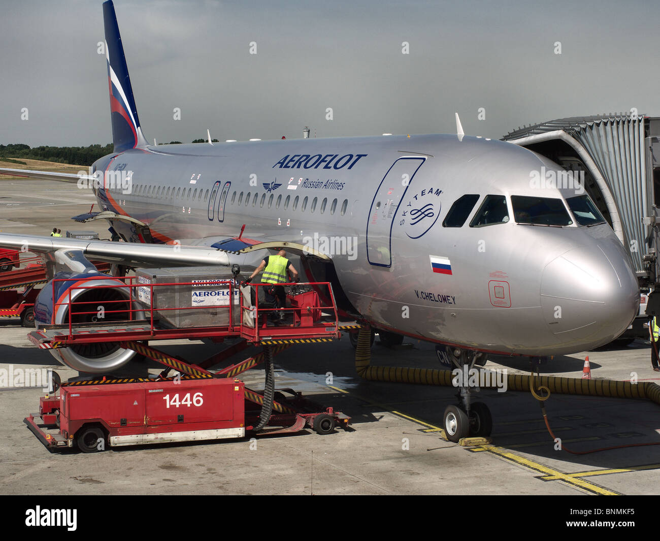 Belastung der Aircargo auf ein Airbus 320 Jet-Flugzeug der Aeroflot-Russische Fluglinien am Flughafen Fuhlsbüttel, Hamburg, Deutschland. Stockfoto