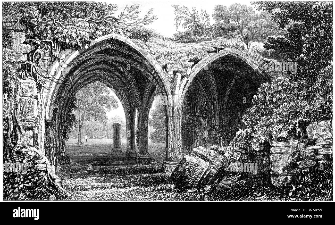 Gravur: Reste von den Kreuzgang der Abtei von Margam, Glamorganshire, Wales. Stockfoto