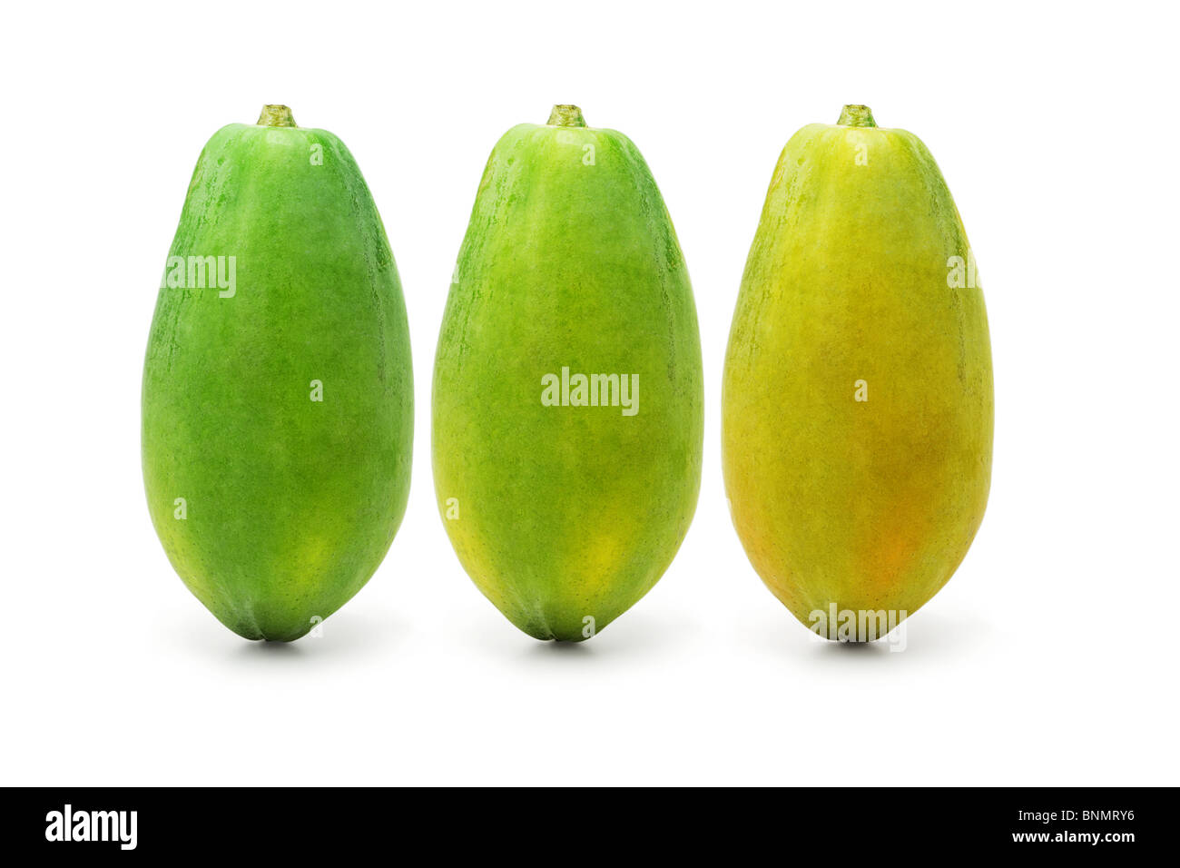 Drei Reife Papaya-Früchte auf weißem Hintergrund Stockfoto