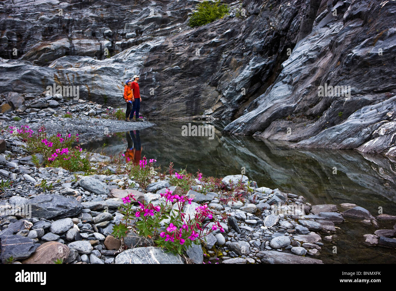 Koppeln Sie stehen neben einem Pool Schmelzwasser Shoup Gletscher, Shoup Bay State Marine Park, Prince William Sound, Alaska Stockfoto