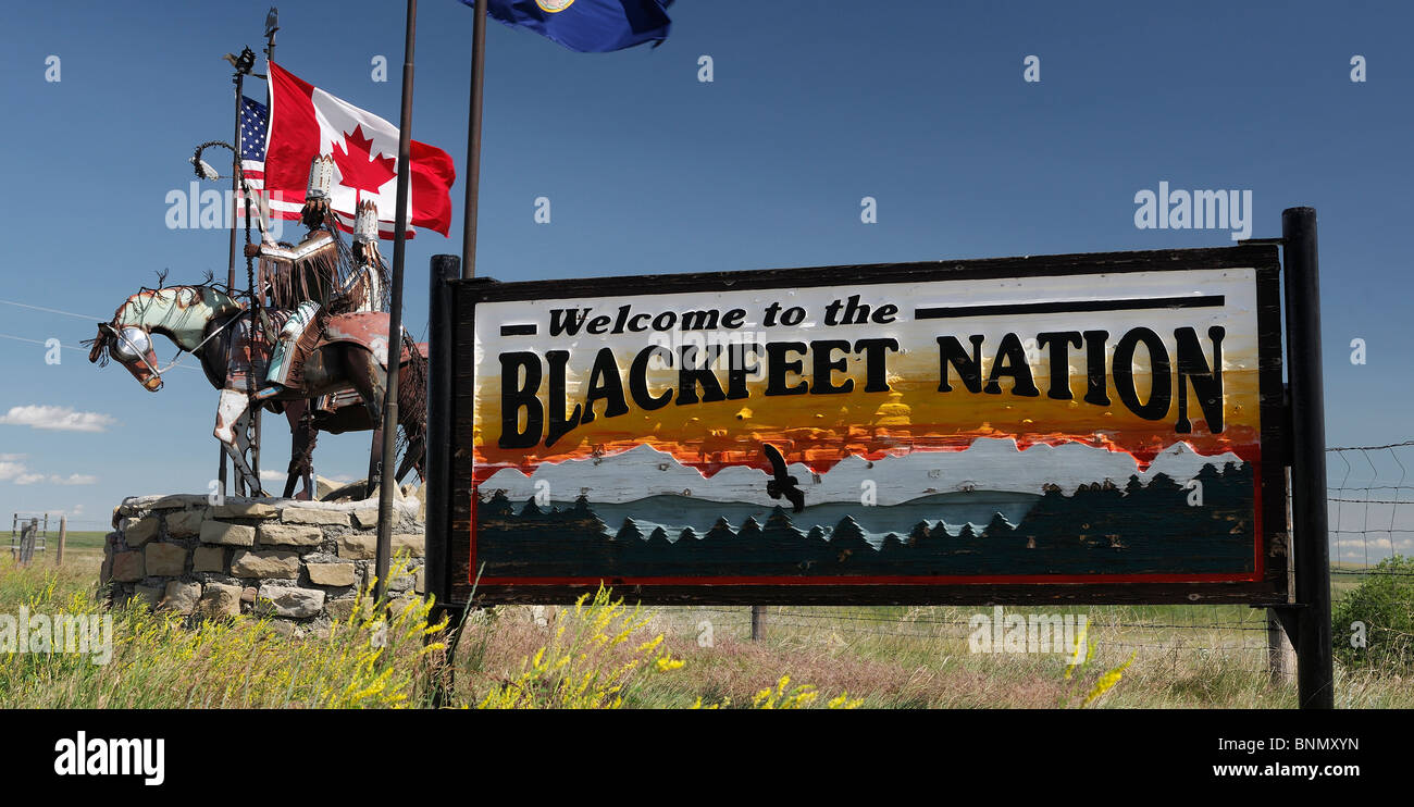 Willkommensschild Blackfeet Indian Reservation Browning Montana USA Stockfoto