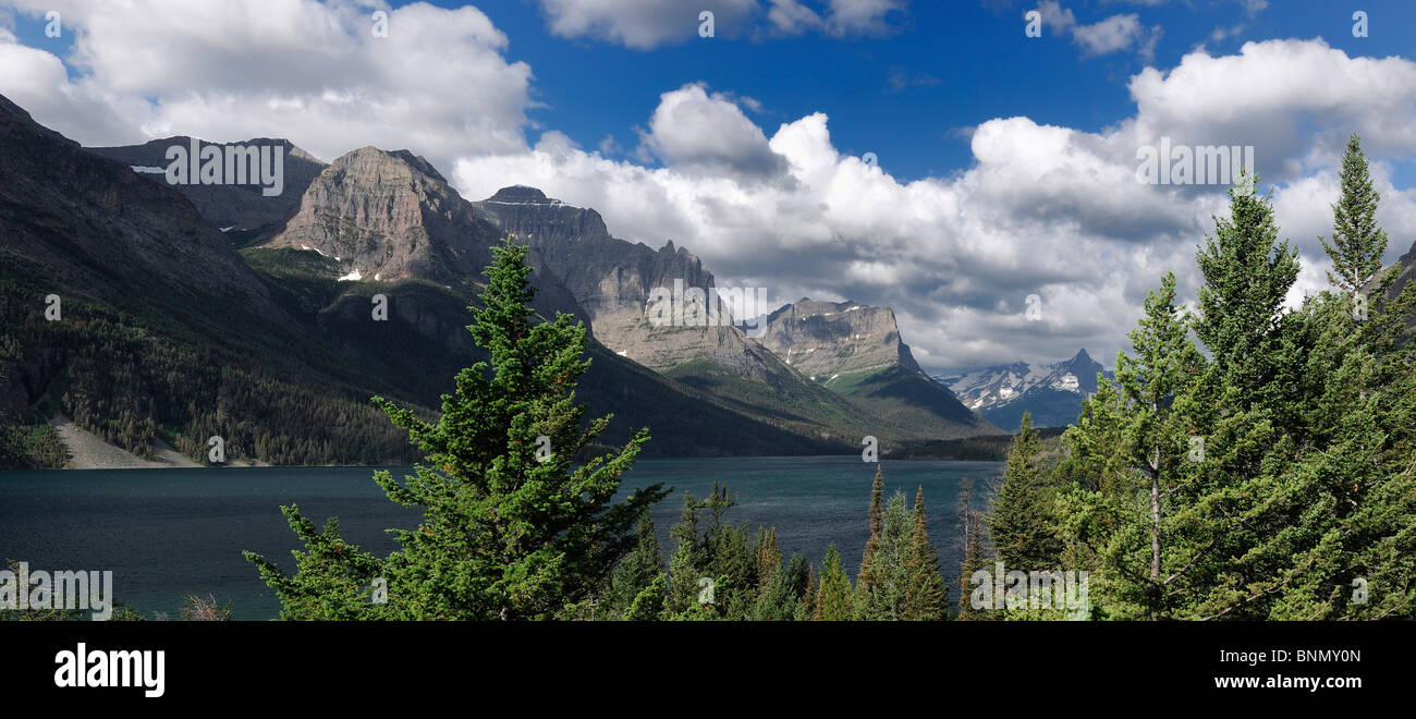 Panorama Gans Insel St. Mary Lake Glacier Nationalpark Montana USA See Stockfoto