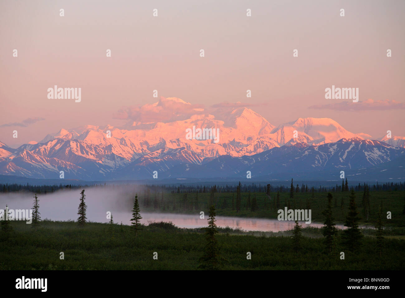 Mt. Mckinley spiegelt sich in kleinen See bei Sonnenaufgang in breiten Pass, Alaska Range, Denali-Nationalpark, Alaska Stockfoto