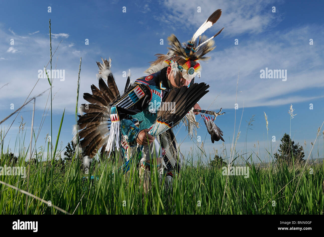 Tracht der Tänzer Stephen gelbe Hawk Native American Indian Rapid City South Dakota USA Stockfoto