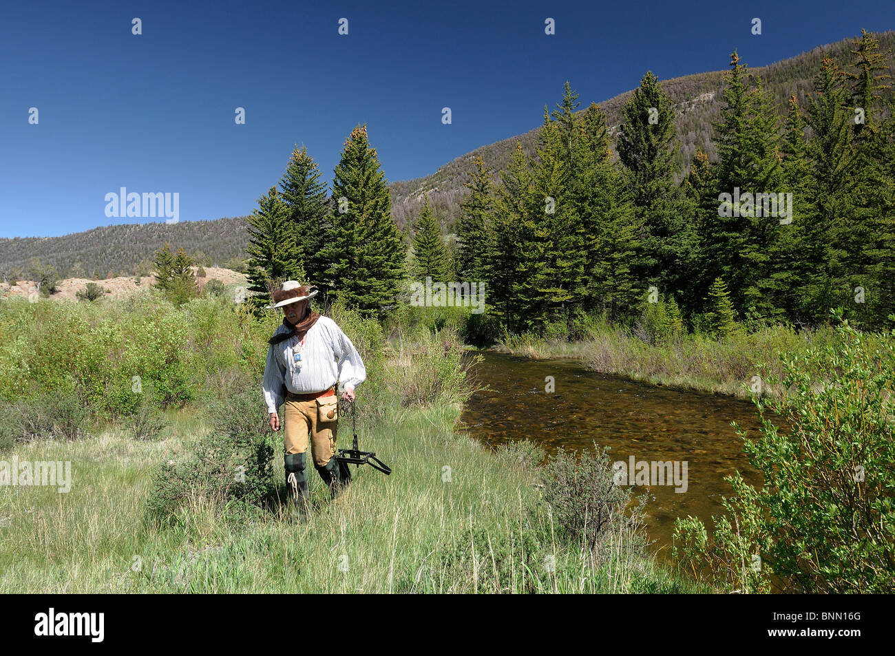 Re-Enactor Steve Banks Bergbiber Mann Kostüm trap Dubois Wyoming USA Wildwest Stockfoto