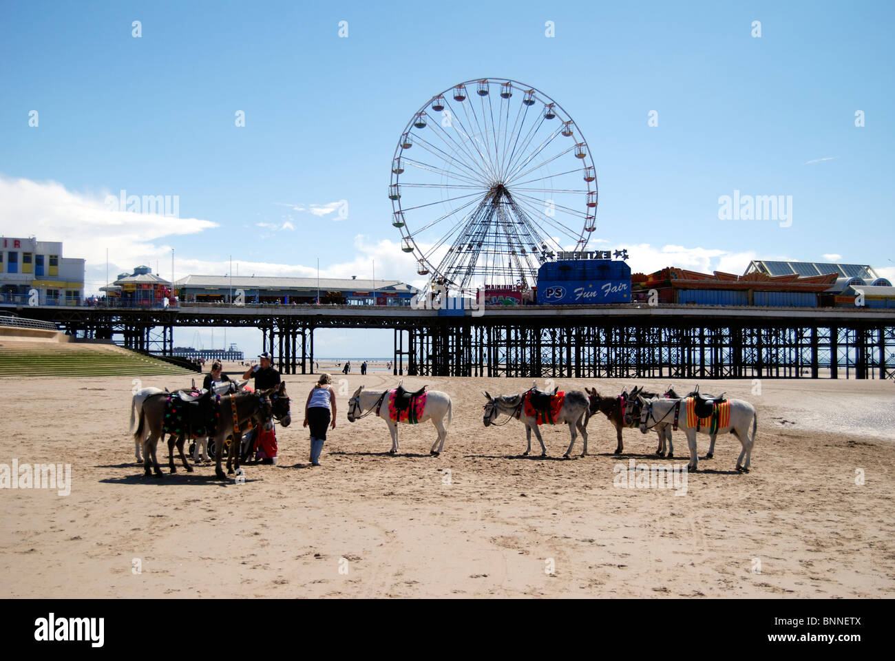 Riesenrad auf Blackpool Pier mit Esel am Strand Stockfoto