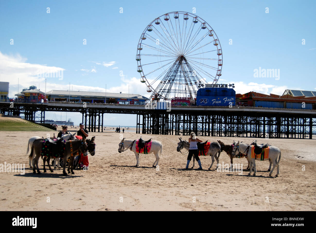 Riesenrad auf Blackpool Pier mit Esel am Strand Stockfoto