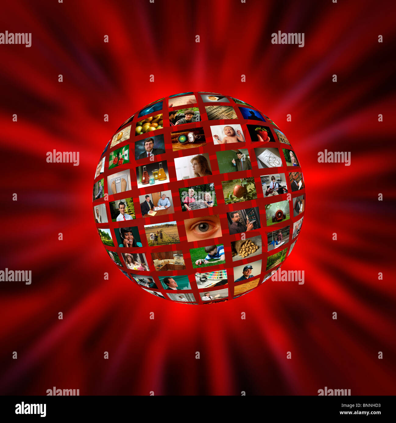 Eine Kugel von Bildern oder video-Bildschirme in einem roten Wirbel Stockfoto